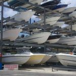 Boats stacked in racks