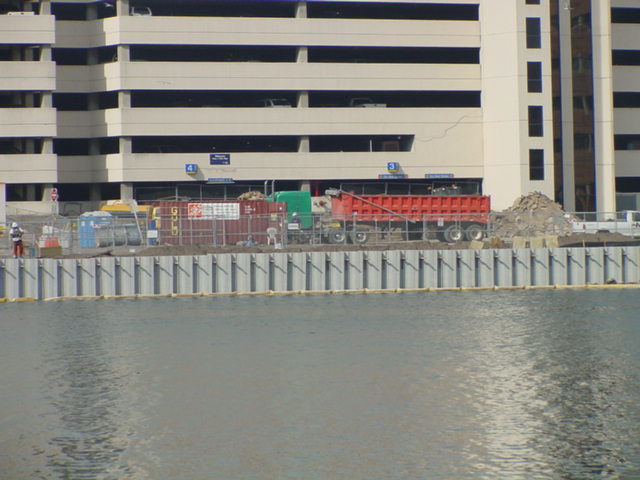 Cargo trucks at sea wall